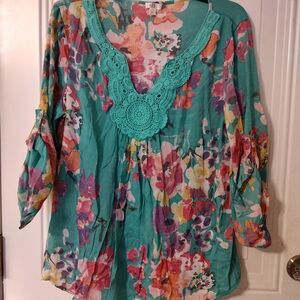 Teal Floral Lace-Trim Blouse